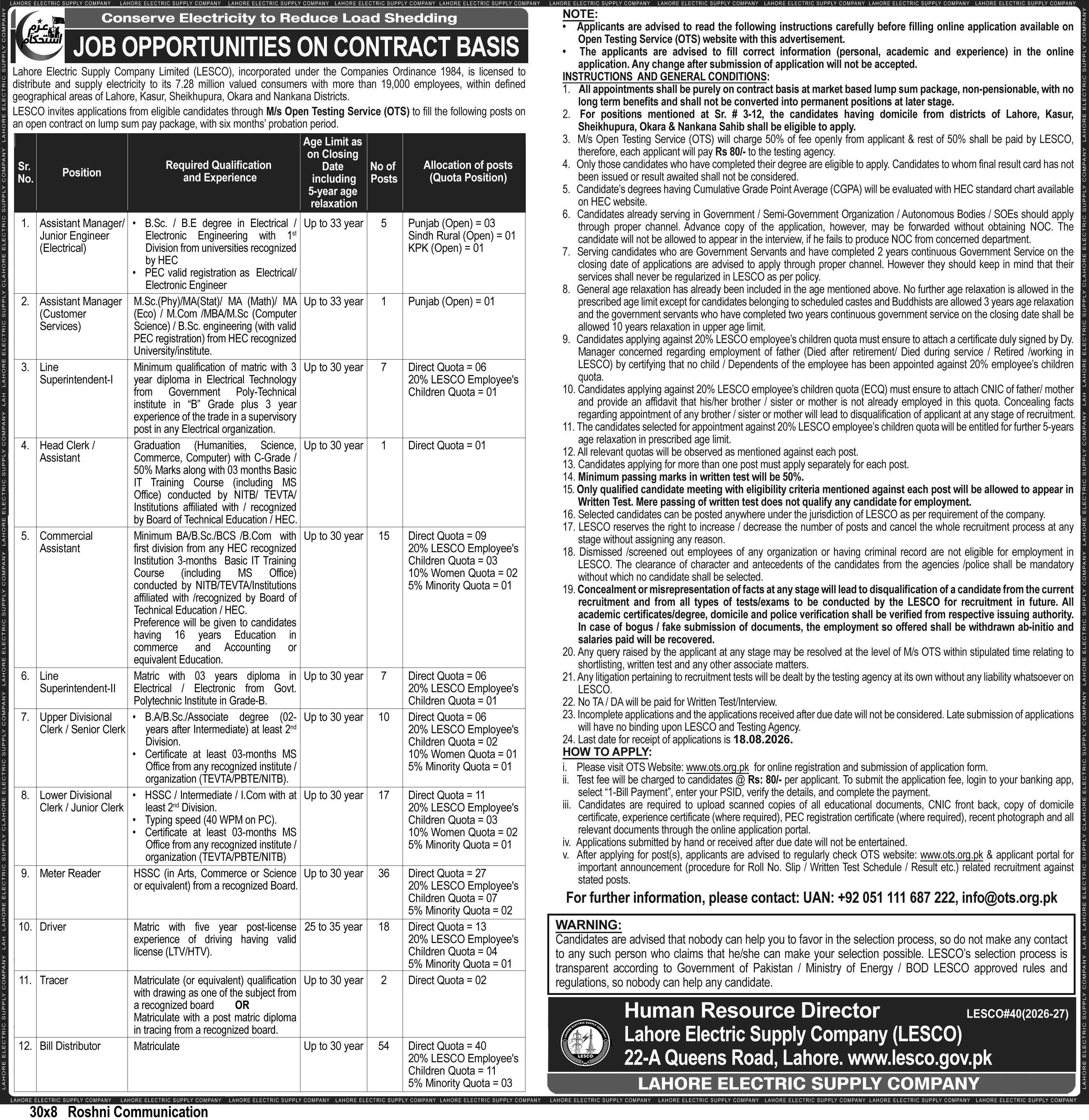 LESCO Jobs 2026 Advertisement