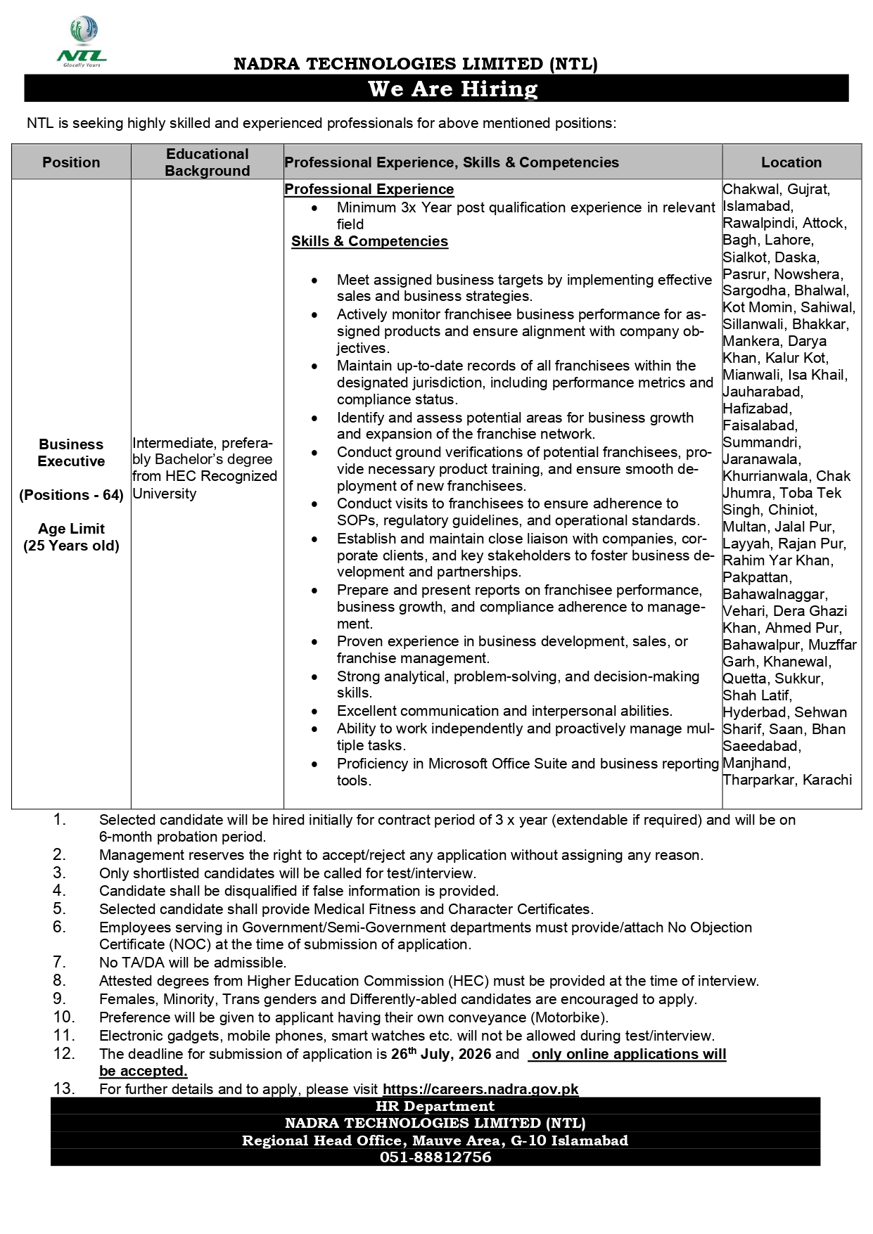 NADRA Business Executive Jobs Advertisement 2026
