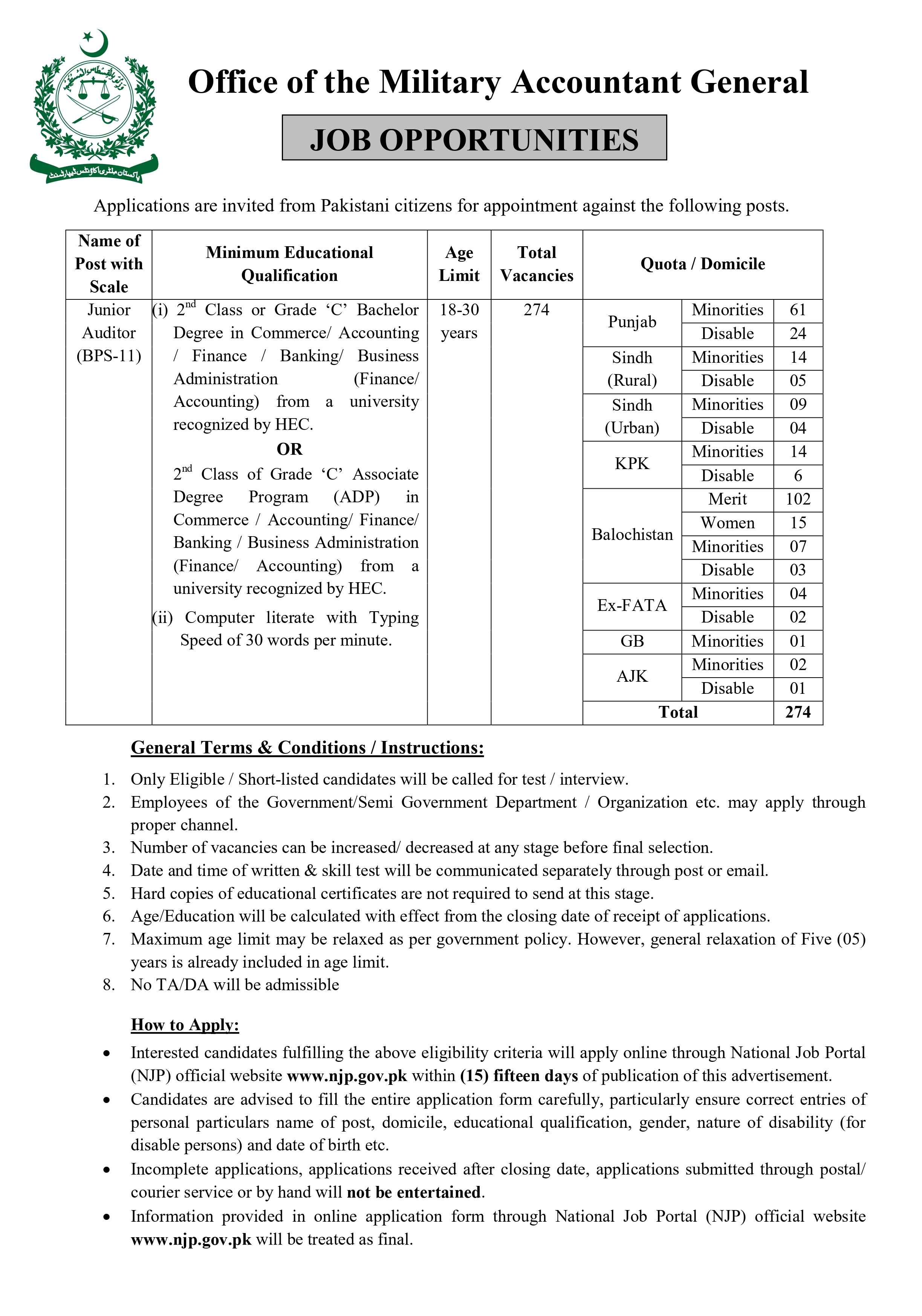 Pakistan Military Accounts Department Advertisement