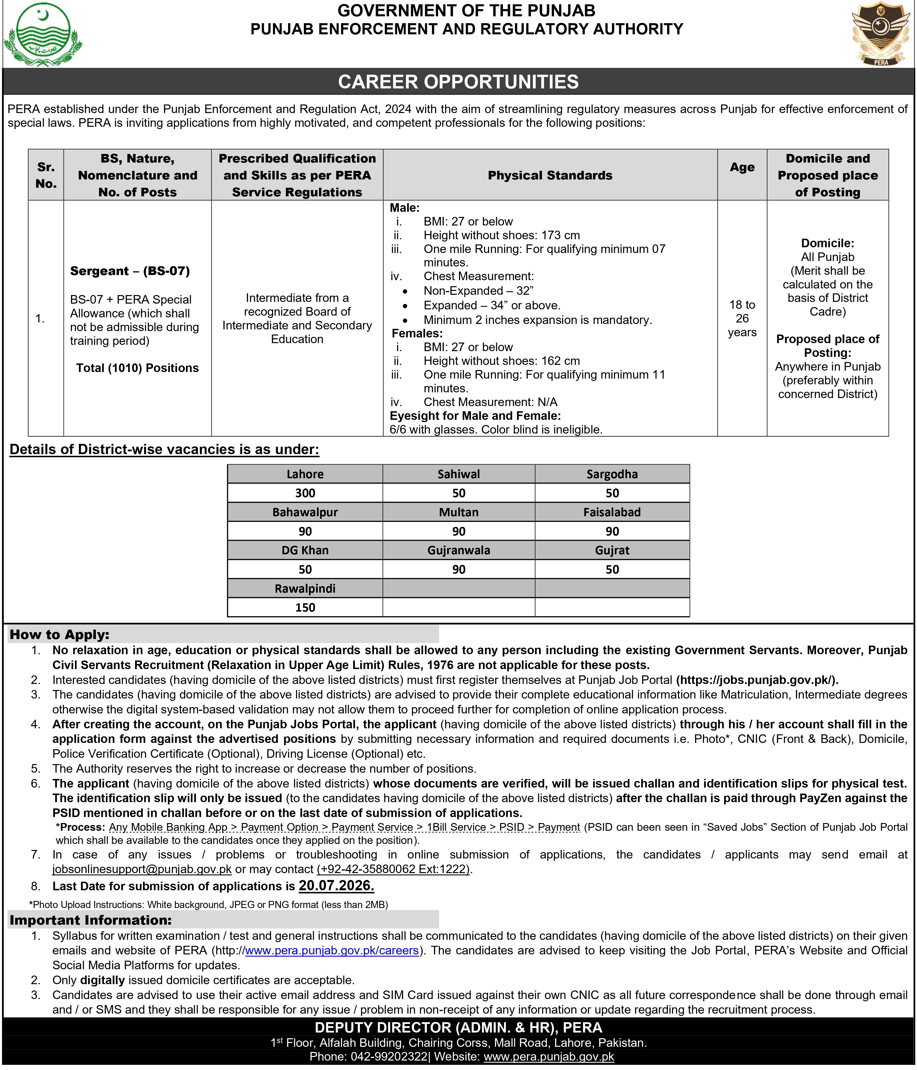 Punjab Enforcement and Regulatory Authority Advertisement